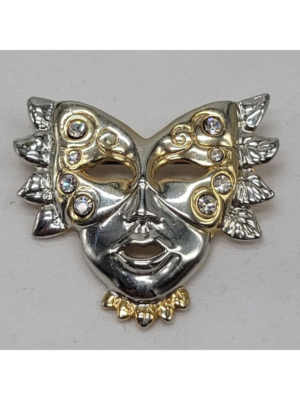 Vintage Gold & Silver Tone Venetian Mask Brooch With Rhinestones 1.5"